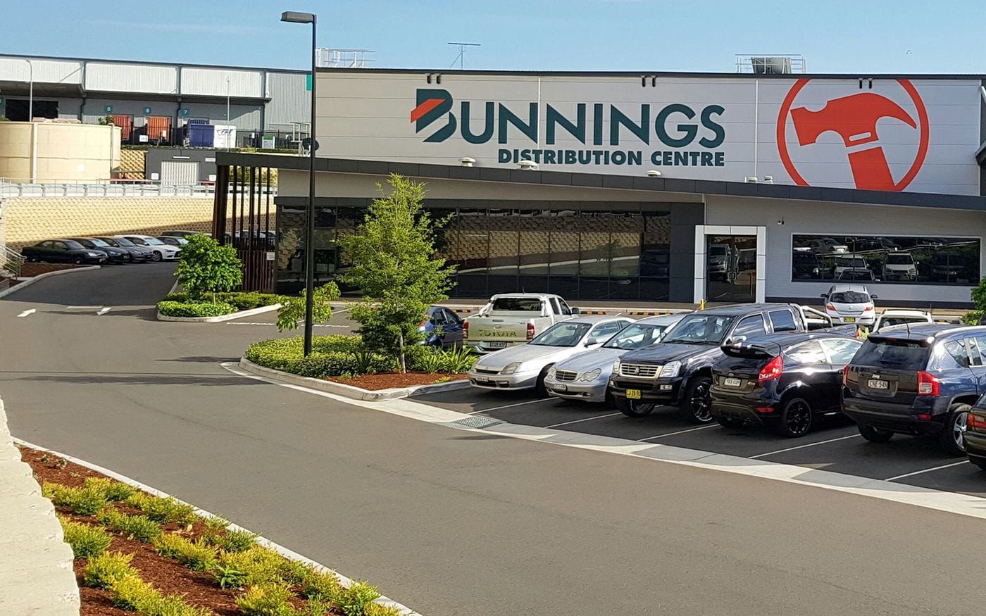 The completed Bunnings Distribution Centre entrance and concrete car park