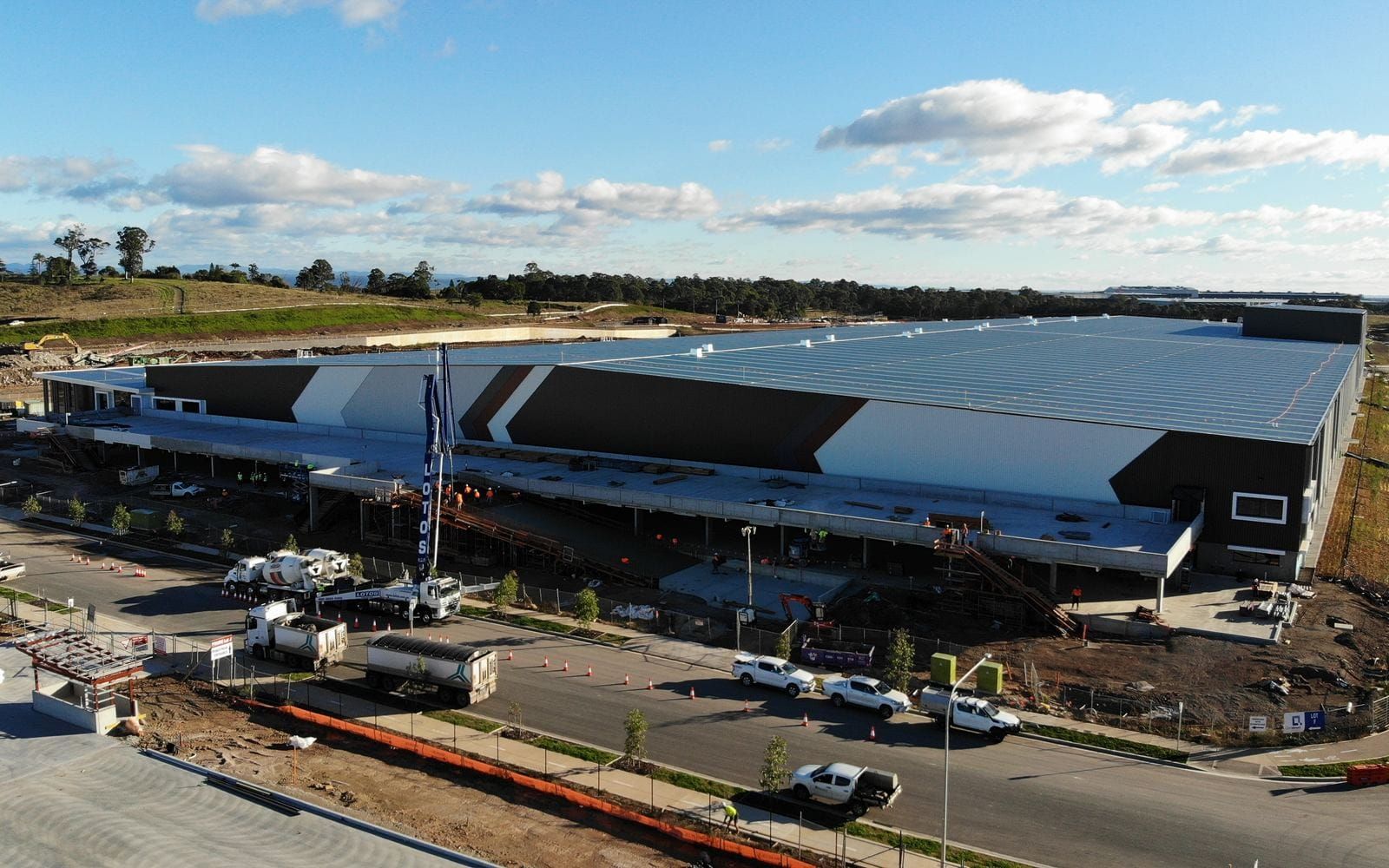 Aerial view of the completed Lot F warehouse and offices