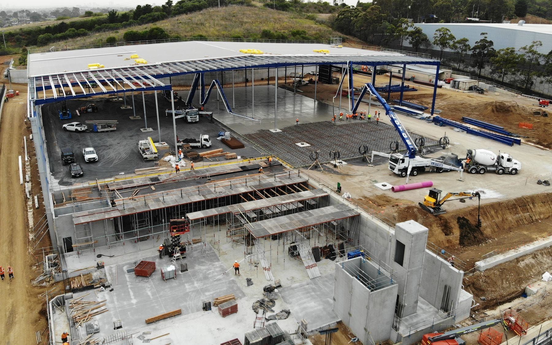 Aerial view of the cold store under construction at Pemulwuy, with base slabs placed